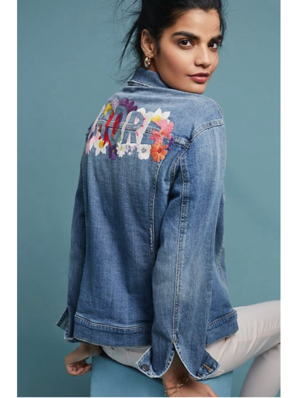Pilcro Anthropologie Amore Embroidered Denim Jacket XS Floral Oversized Boho